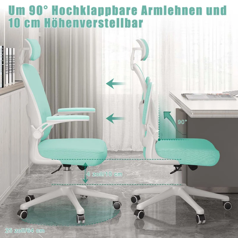 Bürostuhl Ergonomischer Schreibtischstuhl, Drehstuhl mit Verstellbarer Lordosenstütze, Kopfstütze und Armlehne, Rückenschonend, Bis 150kg