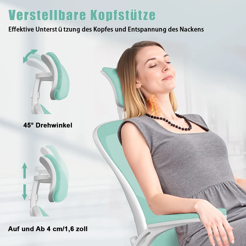 Bürostuhl Ergonomischer Schreibtischstuhl, Drehstuhl mit Verstellbarer Lordosenstütze, Kopfstütze und Armlehne, Rückenschonend, Bis 150kg
