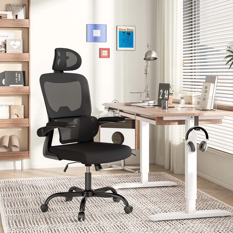 Bürostuhl Ergonomischer Schreibtischstuhl, Drehstuhl mit Verstellbarer Lordosenstütze, Kopfstütze und Armlehne, Rückenschonend, Bis 150kg