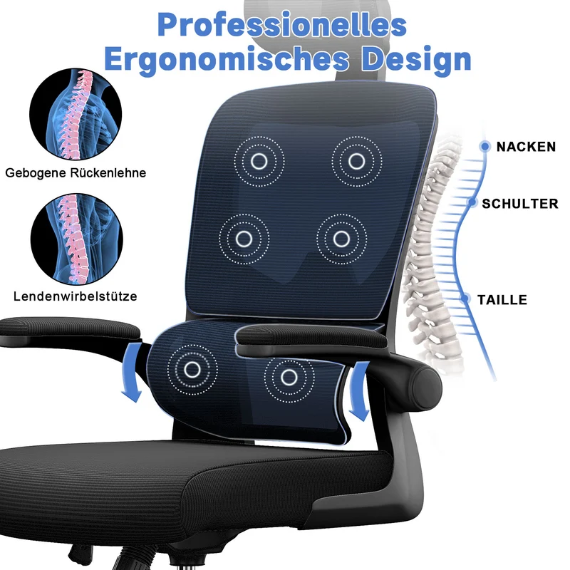Bürostuhl Ergonomischer Schreibtischstuhl, Drehstuhl mit Verstellbarer Lordosenstütze, Kopfstütze und Armlehne, Rückenschonend, Bis 150kg