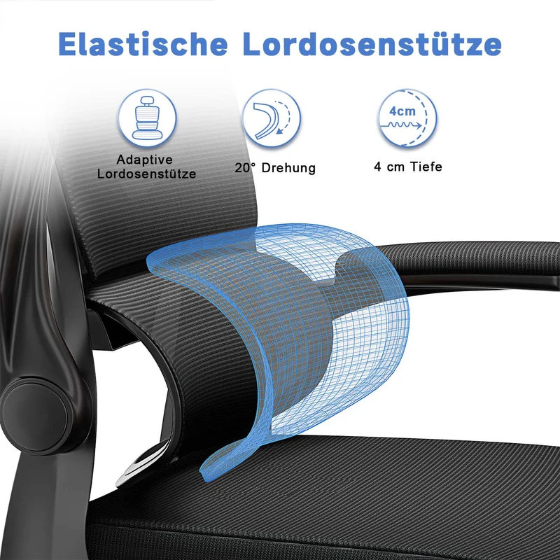 Bürostuhl Ergonomischer Schreibtischstuhl, Drehstuhl mit Verstellbarer Lordosenstütze, Kopfstütze und Armlehne, Rückenschonend, Bis 150kg