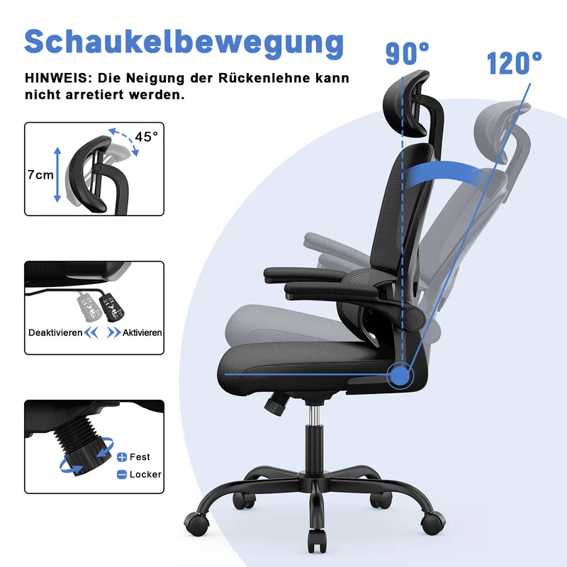 Bürostuhl Ergonomischer Schreibtischstuhl, Drehstuhl mit Verstellbarer Lordosenstütze, Kopfstütze und Armlehne, Rückenschonend, Bis 150kg