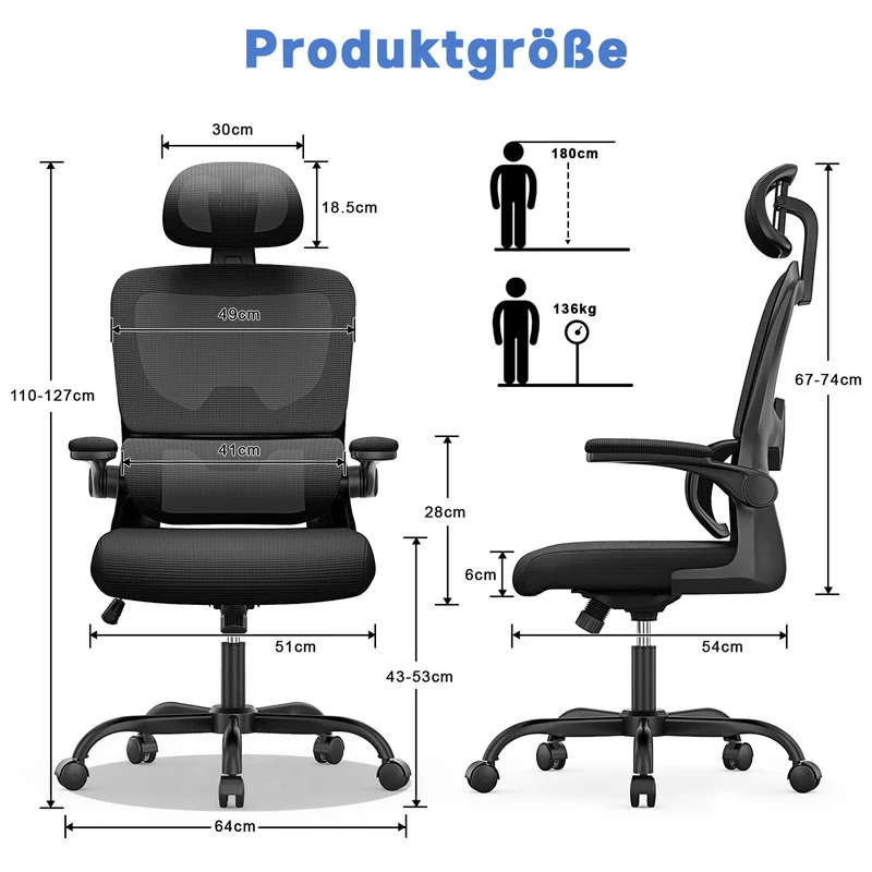 Bürostuhl Ergonomischer Schreibtischstuhl, Drehstuhl mit Verstellbarer Lordosenstütze, Kopfstütze und Armlehne, Rückenschonend, Bis 150kg