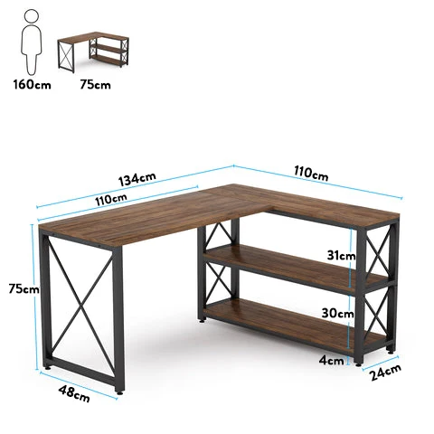 Tribesigns – L-förmiger Eckschreibtisch mit 2 Ablagefächern, 135 × 110 × 75 cm, Vintagebraun