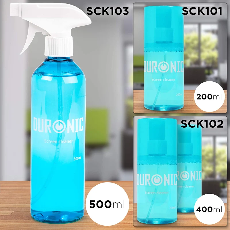 Duronic SCK103 Spray Bildschirmreiniger mit Mikrofasertuch und Bürste | 500 ml Displayreiniger für Monitore, Smartphones und Tablets | Screen Cleaner für LCD und OLED | Auch als Glasreiniger geeignet