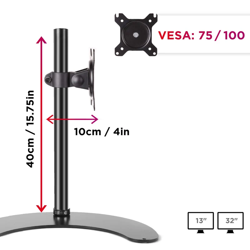 Duronic DM15D1 Monitorfuß | Standfuß für 13-32 Zoll Bildschirm | Höhenverstellbar | 8kg Belastbarkeit | VESA 75/100 | Neigungswinkel (-) 15° | Drehbar um 360° | Monitorständer aus Stahl | Pivot