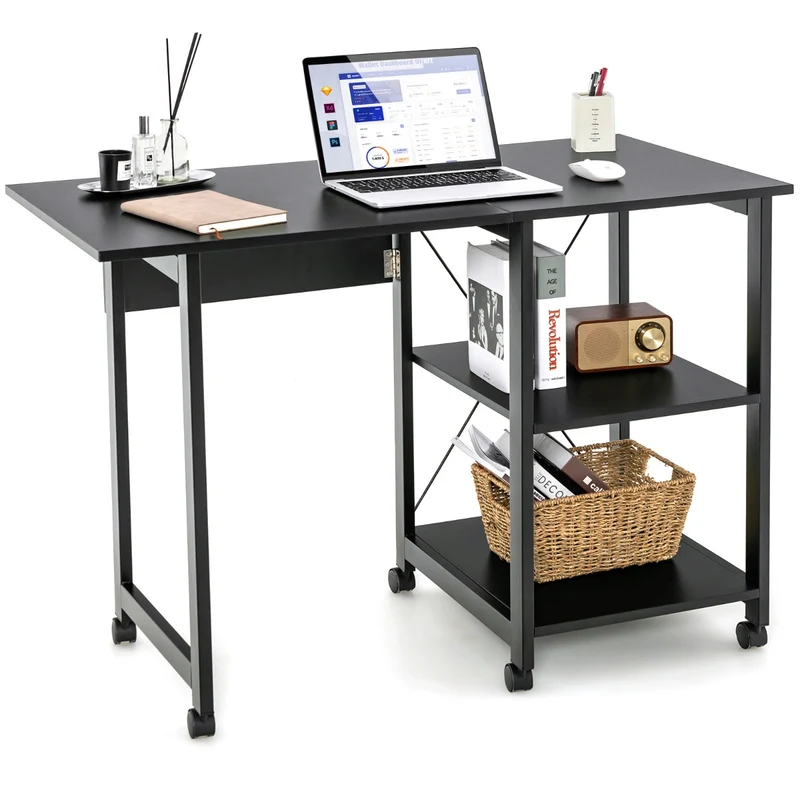Costway Schreibtisch, Computertisch, PC Tisch, Schreibtisch mit Stauraum, Schreibtisch Klappbar, mit 2-stufigen Ablagefächern & 6 Rädern, Schwarz