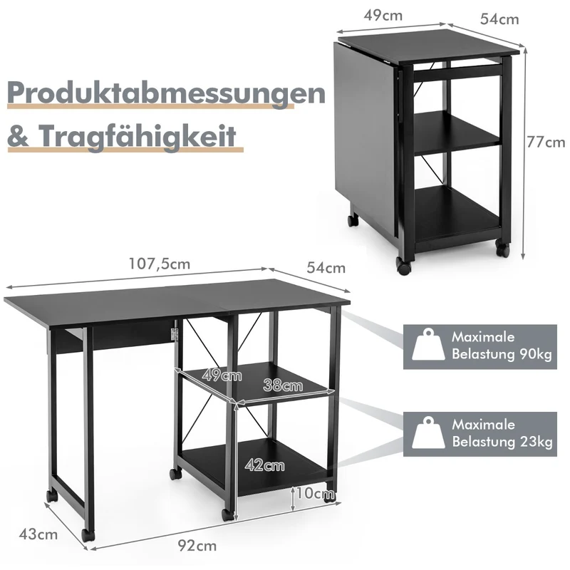 Costway Schreibtisch, Computertisch, PC Tisch, Schreibtisch mit Stauraum, Schreibtisch Klappbar, mit 2-stufigen Ablagefächern & 6 Rädern, Schwarz
