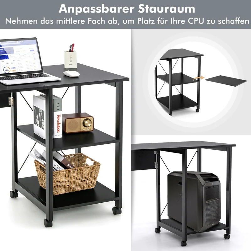 Costway Schreibtisch, Computertisch, PC Tisch, Schreibtisch mit Stauraum, Schreibtisch Klappbar, mit 2-stufigen Ablagefächern & 6 Rädern, Schwarz