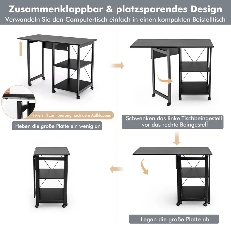 Costway Schreibtisch, Computertisch, PC Tisch, Schreibtisch mit Stauraum, Schreibtisch Klappbar, mit 2-stufigen Ablagefächern & 6 Rädern, Schwarz