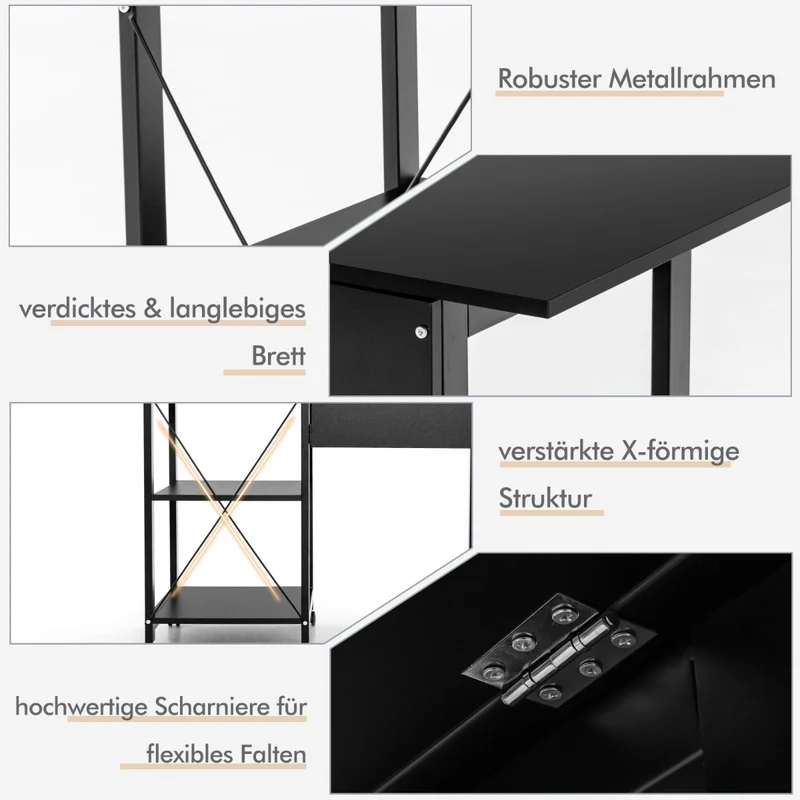 Costway Schreibtisch, Computertisch, PC Tisch, Schreibtisch mit Stauraum, Schreibtisch Klappbar, mit 2-stufigen Ablagefächern & 6 Rädern, Schwarz