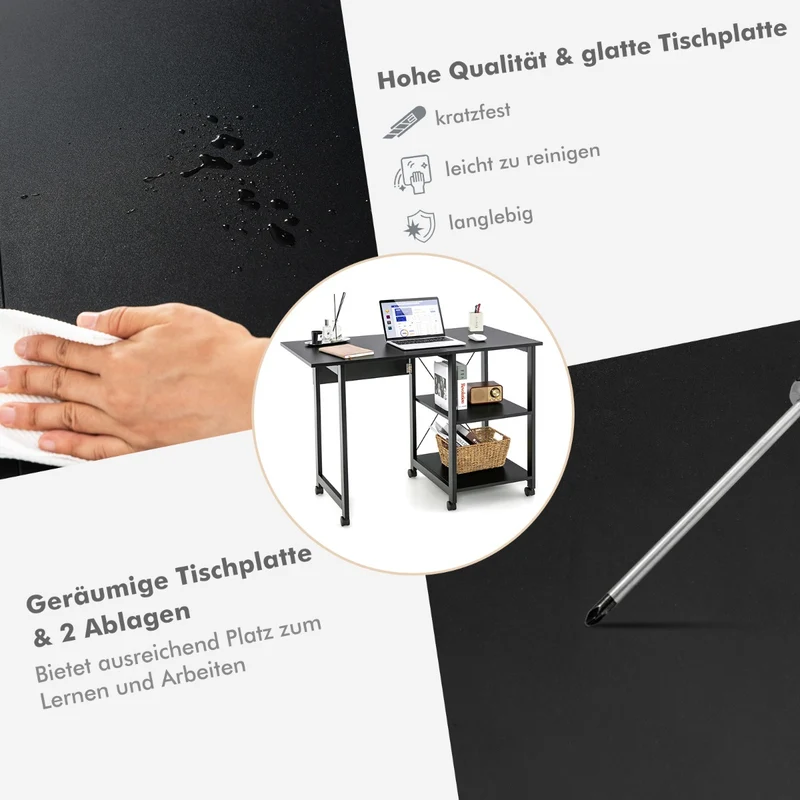 Costway Schreibtisch, Computertisch, PC Tisch, Schreibtisch mit Stauraum, Schreibtisch Klappbar, mit 2-stufigen Ablagefächern & 6 Rädern, Schwarz