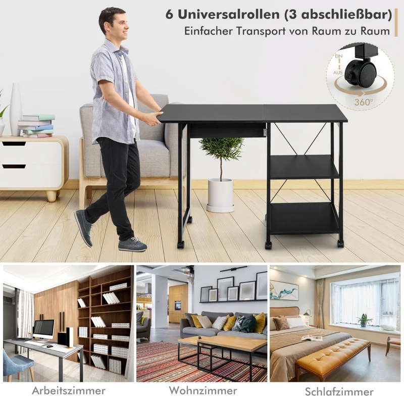 Costway Schreibtisch, Computertisch, PC Tisch, Schreibtisch mit Stauraum, Schreibtisch Klappbar, mit 2-stufigen Ablagefächern & 6 Rädern, Schwarz