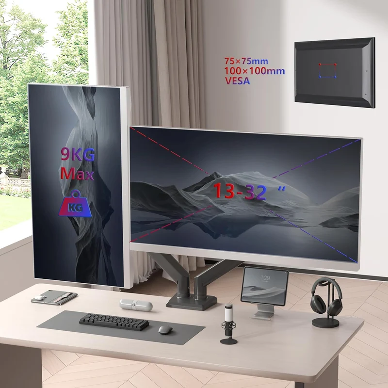 Duronic DM6A2 Dual Monitorhalterung mit Gasfeder, Monitorarme schwenkbar neigbar drehbar für Zwei 32 Zoll Gaming Monitore, VESA 75/100, Tischhalterung