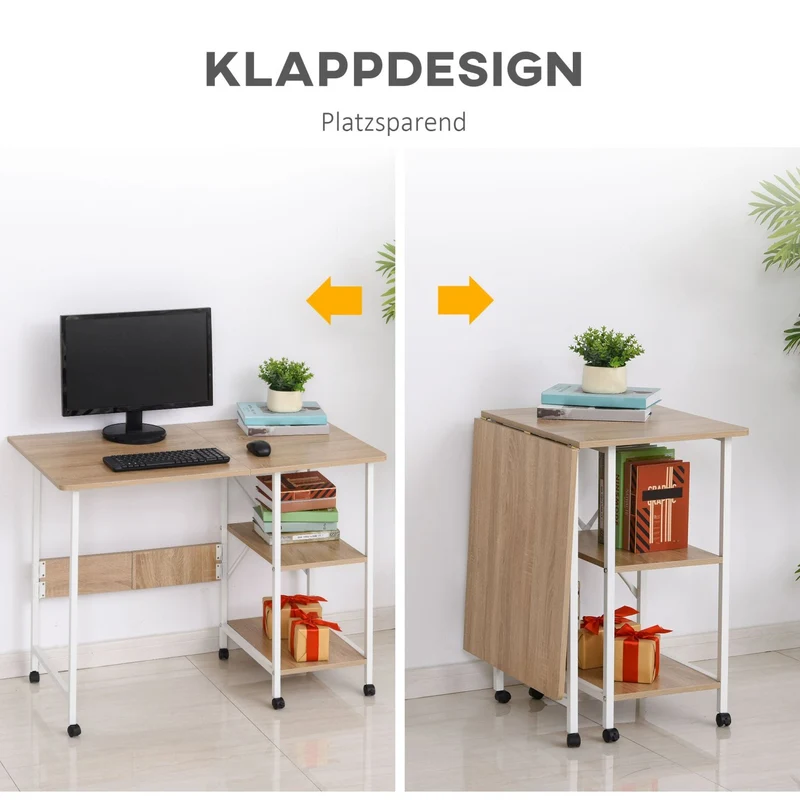 HOMCOM - Kleiner Schreibtisch, Schreibtisch Kinder, Klapptisch, Schreibtisch auf Rollen, Faltbare Computertisch, Arbeitstisch, mit Ablagen, MDF, Natur