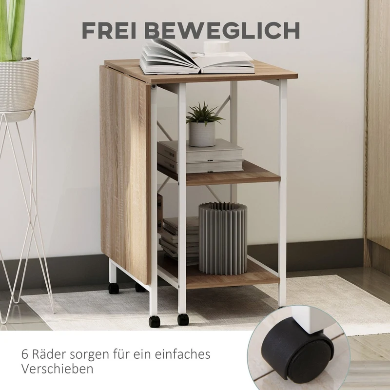 HOMCOM - Kleiner Schreibtisch, Schreibtisch Kinder, Klapptisch, Schreibtisch auf Rollen, Faltbare Computertisch, Arbeitstisch, mit Ablagen, MDF, Natur