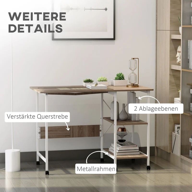 HOMCOM - Kleiner Schreibtisch, Schreibtisch Kinder, Klapptisch, Schreibtisch auf Rollen, Faltbare Computertisch, Arbeitstisch, mit Ablagen, MDF, Natur