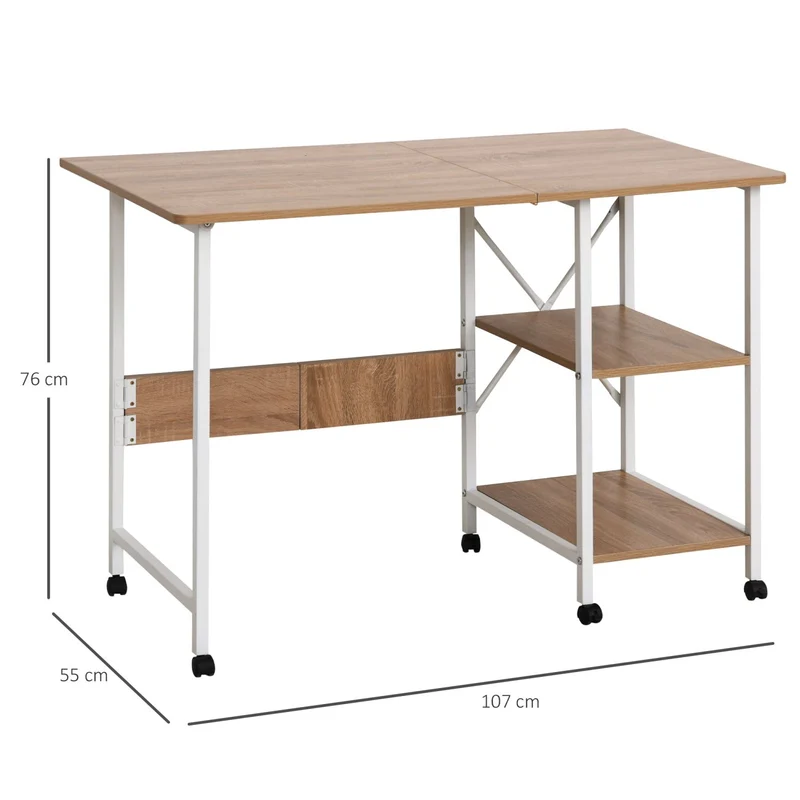 HOMCOM - Kleiner Schreibtisch, Schreibtisch Kinder, Klapptisch, Schreibtisch auf Rollen, Faltbare Computertisch, Arbeitstisch, mit Ablagen, MDF, Natur
