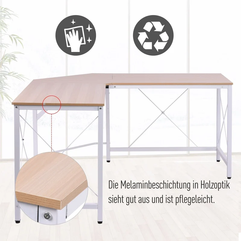 HOMCOM - Eckschreibtisch, Computertisch, Schreibtisch L Form, L Tisch, Schreibtisch l, Schreibtisch groß, Bürotisch, Arbeitstisch, MDF, Natur Weiß