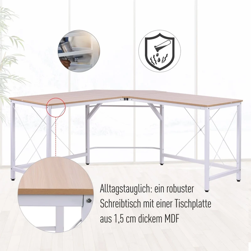 HOMCOM - Eckschreibtisch, Computertisch, Schreibtisch L Form, L Tisch, Schreibtisch l, Schreibtisch groß, Bürotisch, Arbeitstisch, MDF, Natur Weiß