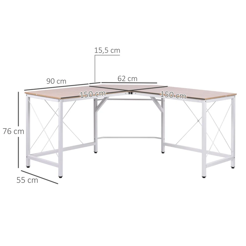 HOMCOM - Eckschreibtisch, Computertisch, Schreibtisch L Form, L Tisch, Schreibtisch l, Schreibtisch groß, Bürotisch, Arbeitstisch, MDF, Natur Weiß