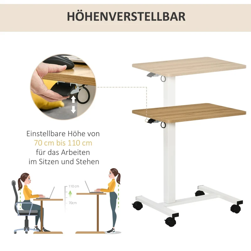 HOMCOM - Laptoptisch, Laptoptisch Höhenverstellbar, 70-110 cm, Gaslifts, bis 70 kg, Laptoptisch Bett, Laptoptisch Sofa, mit Rollen, Stahl, Naturholz