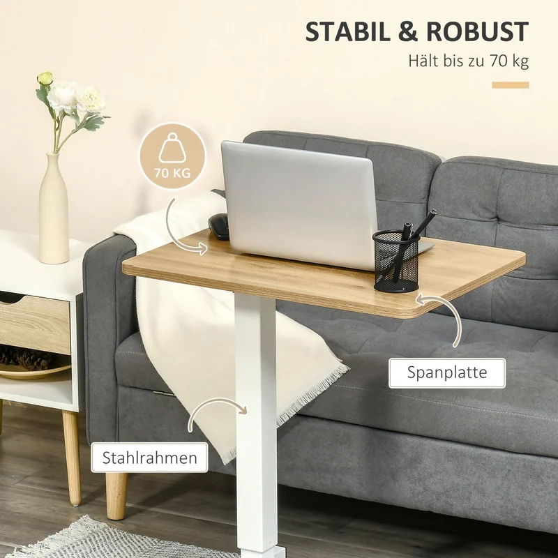 HOMCOM - Laptoptisch, Laptoptisch Höhenverstellbar, 70-110 cm, Gaslifts, bis 70 kg, Laptoptisch Bett, Laptoptisch Sofa, mit Rollen, Stahl, Naturholz