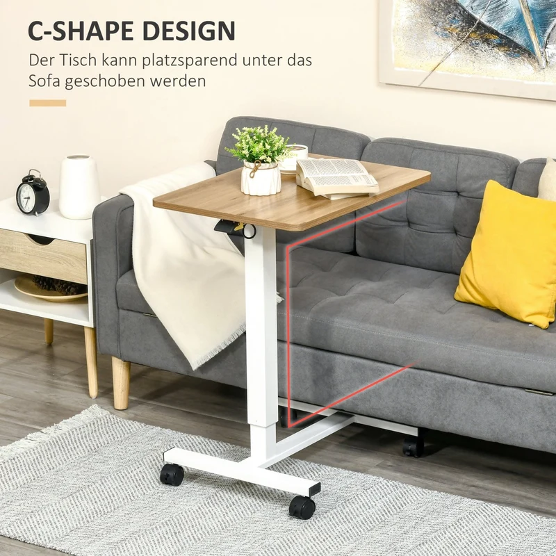 HOMCOM - Laptoptisch, Laptoptisch Höhenverstellbar, 70-110 cm, Gaslifts, bis 70 kg, Laptoptisch Bett, Laptoptisch Sofa, mit Rollen, Stahl, Naturholz