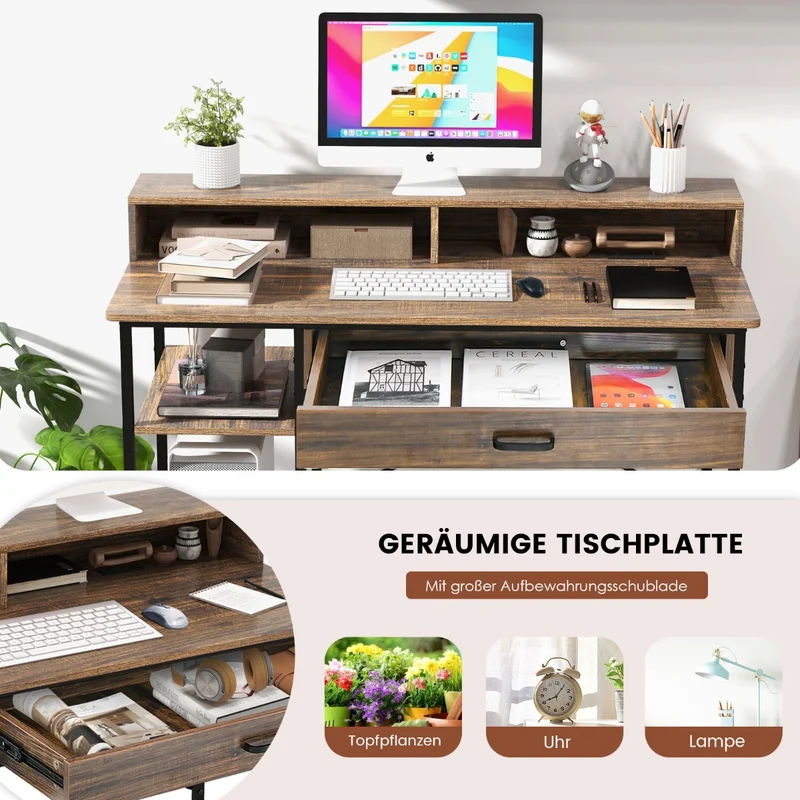 Costway - Schreibtisch, Schreibtisch mit Schublade, Computertisch, Monitorständer & 2 offenen Regalen, Computertisch mit Metallrahmen, 120x56x90,5 cm