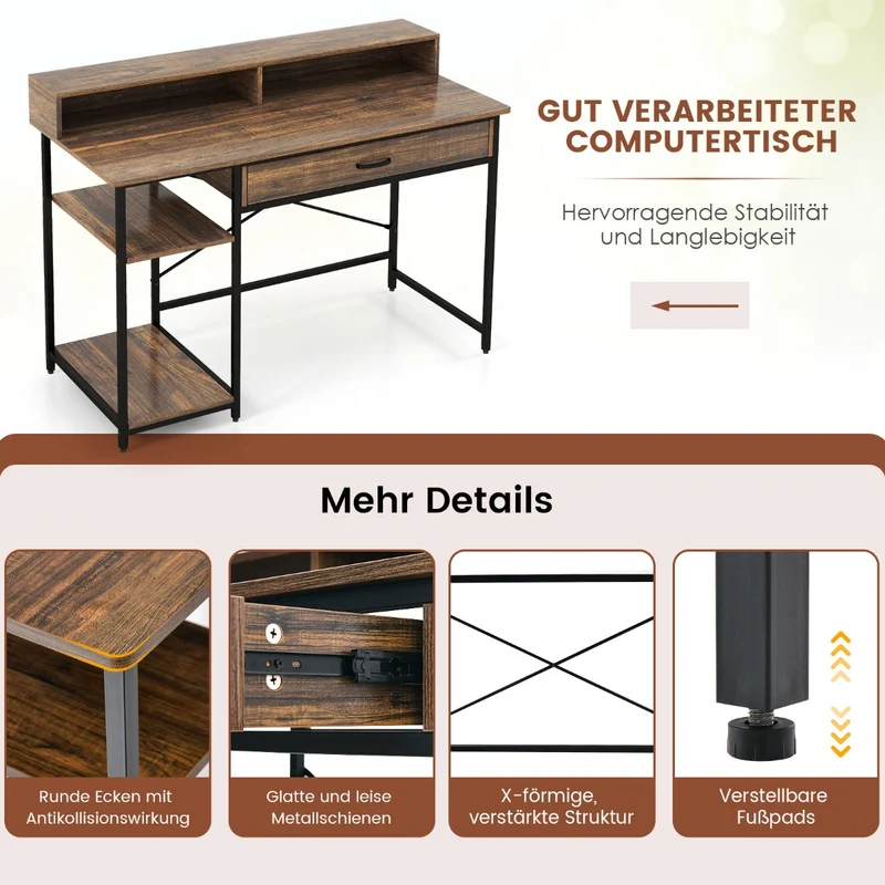Costway - Schreibtisch, Schreibtisch mit Schublade, Computertisch, Monitorständer & 2 offenen Regalen, Computertisch mit Metallrahmen, 120x56x90,5 cm
