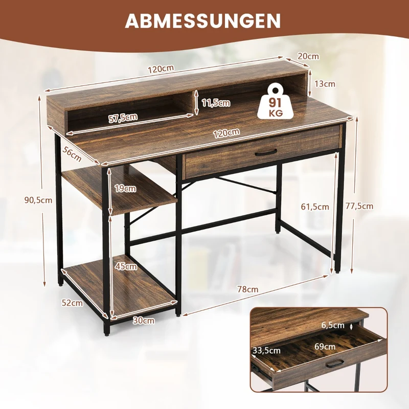 Costway - Schreibtisch, Schreibtisch mit Schublade, Computertisch, Monitorständer & 2 offenen Regalen, Computertisch mit Metallrahmen, 120x56x90,5 cm