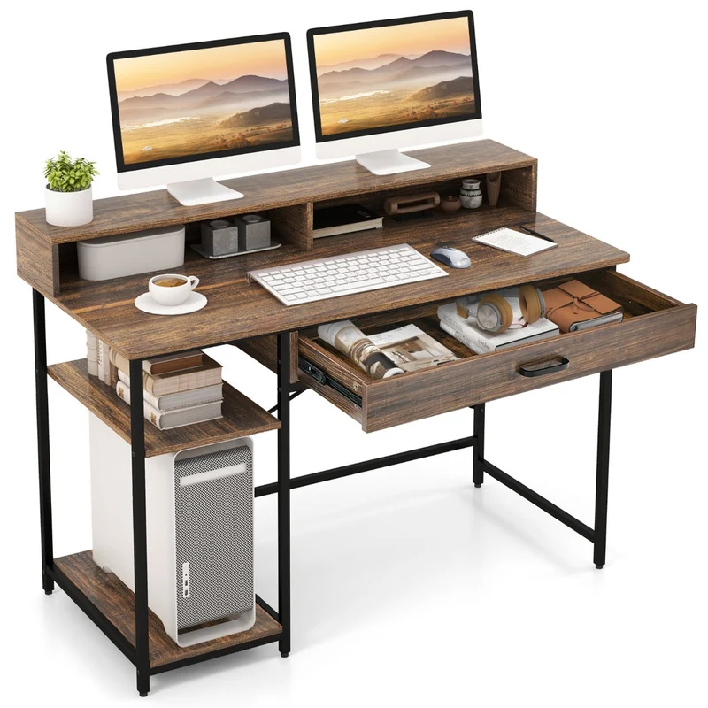 Costway - Schreibtisch, Schreibtisch mit Schublade, Computertisch, Monitorständer & 2 offenen Regalen, Computertisch mit Metallrahmen, 120x56x90,5 cm