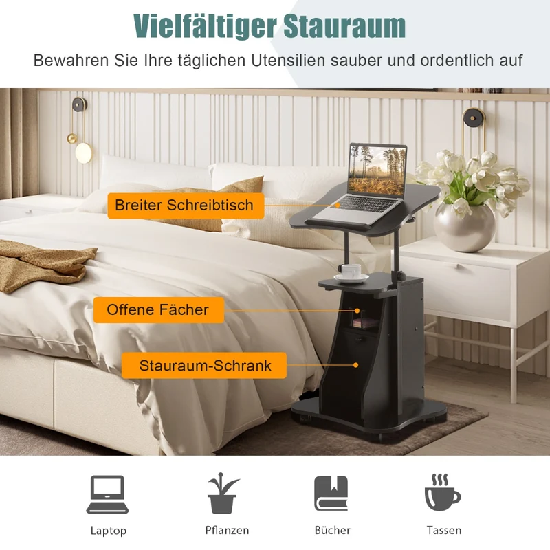 Costway - Laptoptisch, Laptopständer Höhenverstellbar, Laptoptisch Sofa, Laptoptisch Bett, mit neigbarer Tischplatte und Ablagen, mit Rollen, Schwarz