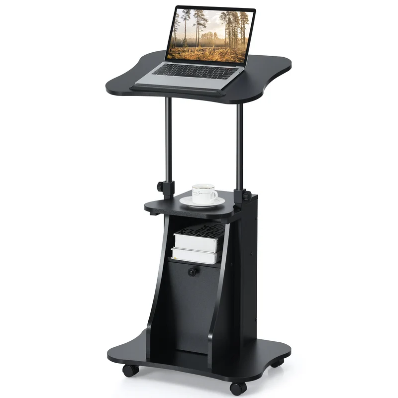 Costway - Laptoptisch, Laptopständer Höhenverstellbar, Laptoptisch Sofa, Laptoptisch Bett, mit neigbarer Tischplatte und Ablagen, mit Rollen, Schwarz