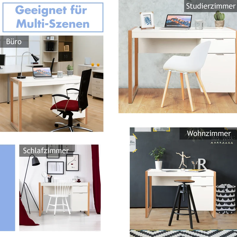 Costway - Schreibtisch, Schreibtisch mit Schublade, Kleiner Schreibtisch, Schreibtisch weiß mit Schubladen, Moderner Schreibtisch, 112,5x50x75 cm