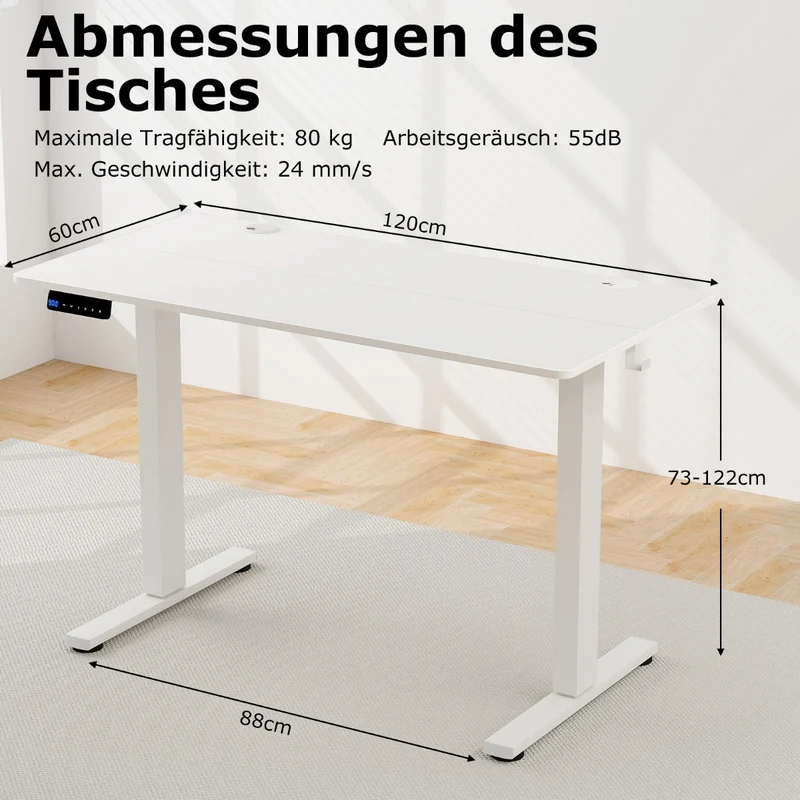 Costway - Höhenverstellbarer Schreibtisch 120 x 60 cm elektrischer Stehschreibtisch Rustikales Weiß