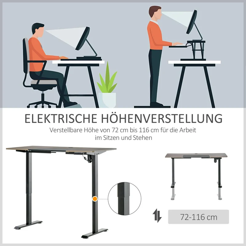 Vinsetto – Elektrisch höhenverstellbarer Schreibtisch, 140 × 70 × 72–116 cm, bis 70 kg, Natur/Schwarz