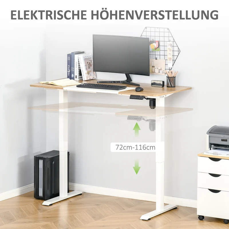 Vinsetto - Computertisch Elektrischer Schreibtisch, Stehschreibtisch, höhenverstellbar, Tischgestell mit Motor, Metall, Natur+Weiß