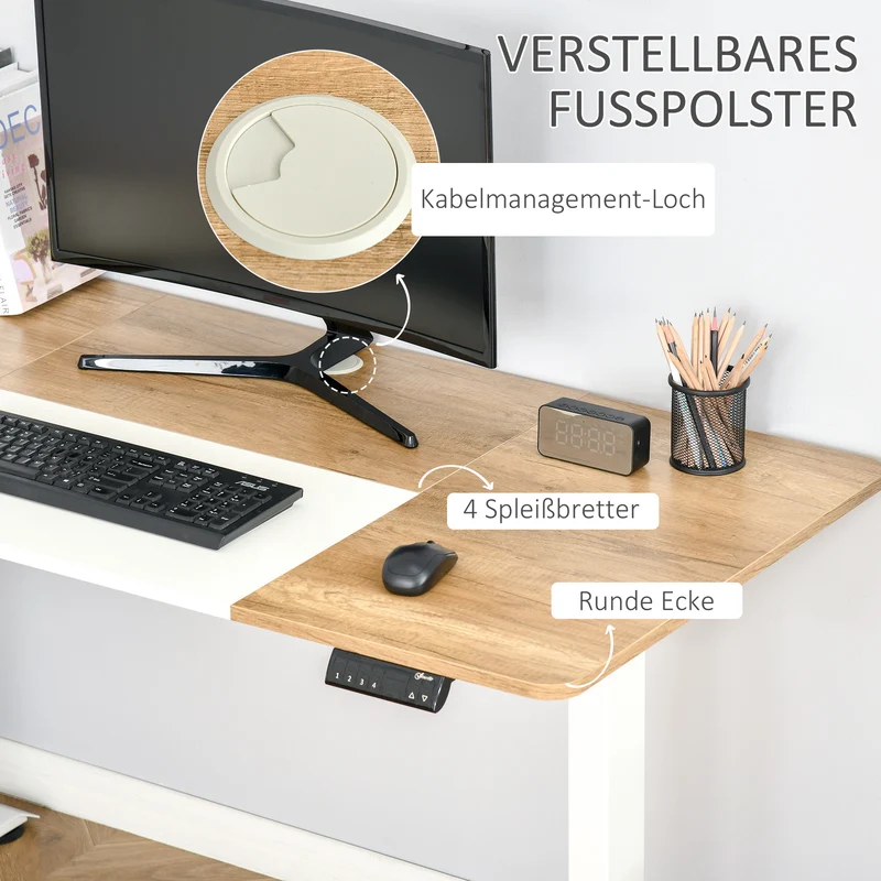 Vinsetto - Computertisch Elektrischer Schreibtisch, Stehschreibtisch, höhenverstellbar, Tischgestell mit Motor, Metall, Natur+Weiß