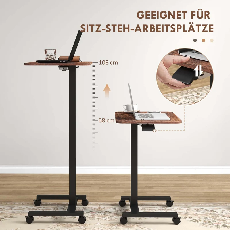 Vinsetto – Pneumatisch höhenverstellbarer Laptoptisch auf Rollen, 68–108 cm, bis 40 kg, Rustikal-Braun/Schwarz