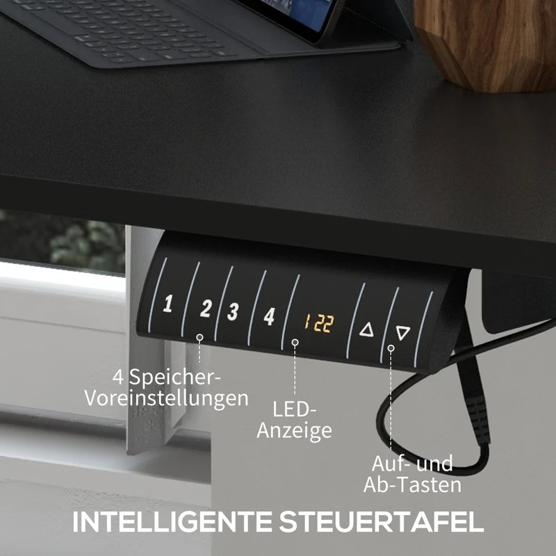 Vinsetto - Höhenverstellbarer Schreibtisch Elektrisch, 140x70 cm, Bürotisch, Computertisch, mit 4 Memory-Voreinstellungen, mit Haken, Schwarz