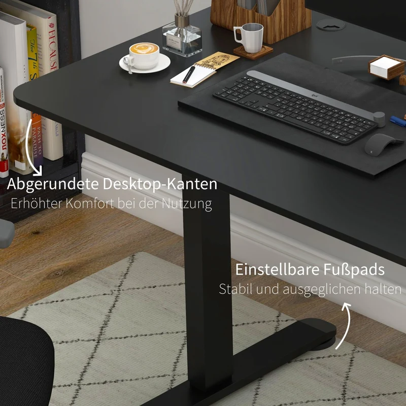 Vinsetto - Höhenverstellbarer Schreibtisch Elektrisch, 140x70 cm, Bürotisch, Computertisch, mit 4 Memory-Voreinstellungen, mit Haken, Schwarz