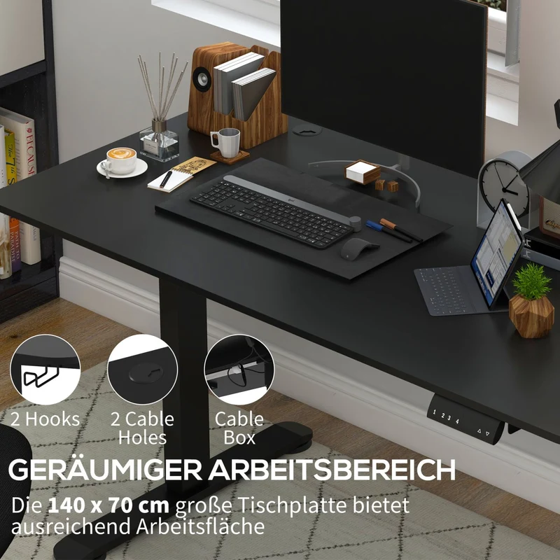 Vinsetto - Höhenverstellbarer Schreibtisch Elektrisch, 140x70 cm, Bürotisch, Computertisch, mit 4 Memory-Voreinstellungen, mit Haken, Schwarz