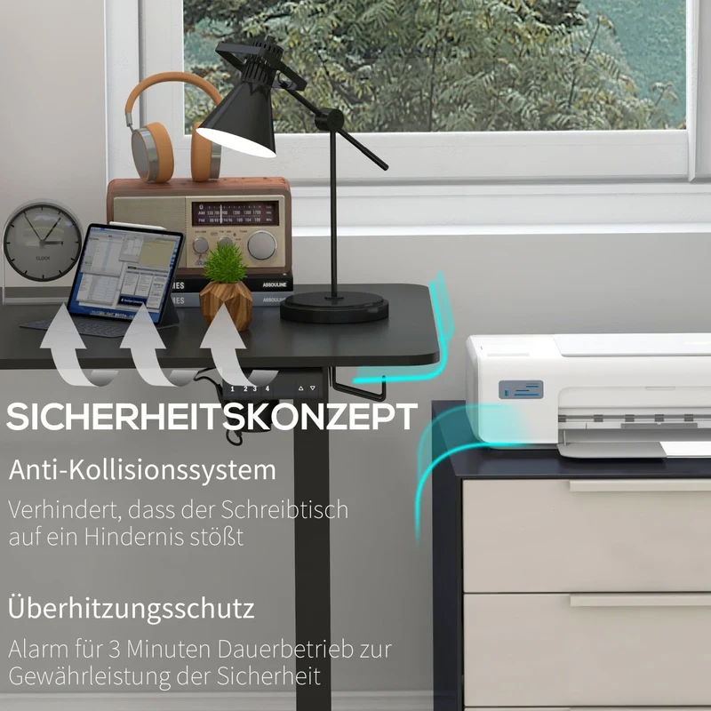 Vinsetto - Höhenverstellbarer Schreibtisch Elektrisch, 140x70 cm, Bürotisch, Computertisch, mit 4 Memory-Voreinstellungen, mit Haken, Schwarz