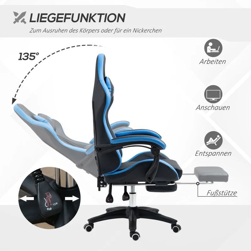 Vinsetto – Höhenverstellbarer Gaming-Stuhl mit Fußstütze, Kopfstütze und Lendenkissen, Blau.