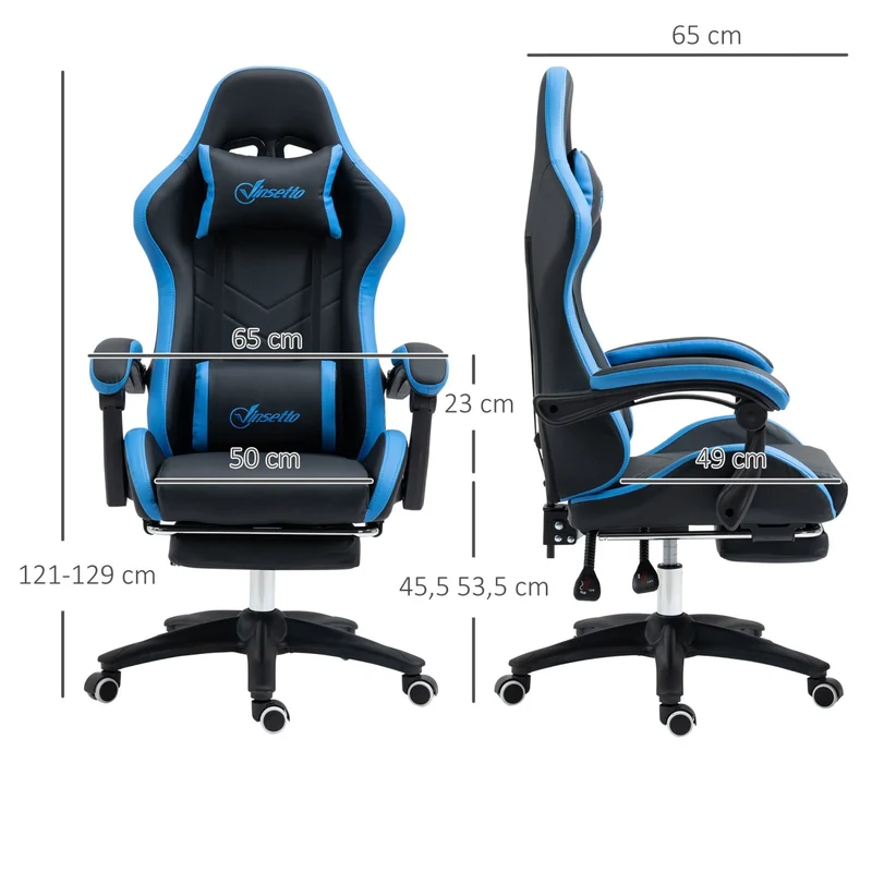 Vinsetto – Höhenverstellbarer Gaming-Stuhl mit Fußstütze, Kopfstütze und Lendenkissen, Blau.