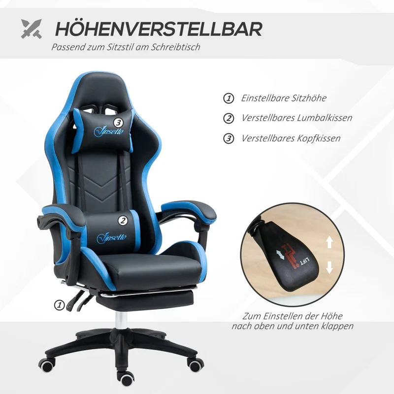 Vinsetto – Höhenverstellbarer Gaming-Stuhl mit Fußstütze, Kopfstütze und Lendenkissen, Blau.