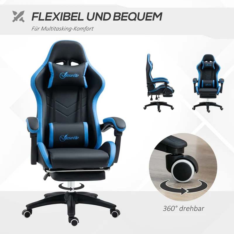 Vinsetto – Höhenverstellbarer Gaming-Stuhl mit Fußstütze, Kopfstütze und Lendenkissen, Blau.