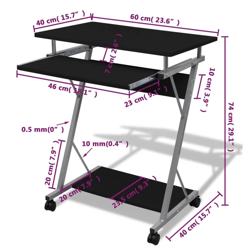 vidaXL – Computertisch mit ausziehbarer Tastaturablage und mobilem Untergestell, 60 × 40 × 74 cm, Schwarz