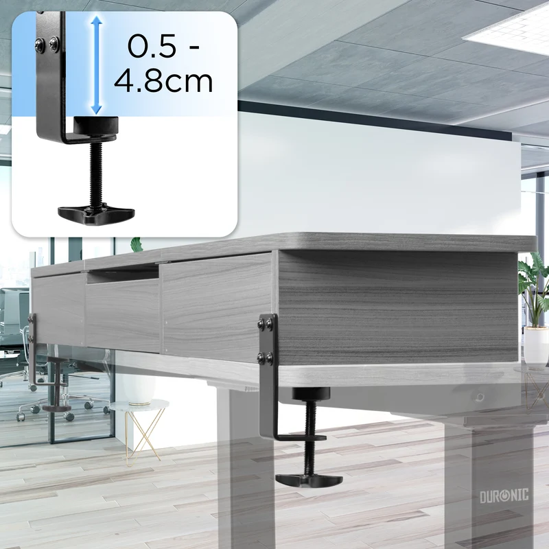 Duronic DD3 GY Monitorständer, breites Schreibtisch Regal 120 x 25 x 11,5 cm, Schreibtischaufsatz mit XXL Schubladen, Monitorerhöhung für 2 Monitore, Rutschfeste Tischklemmen, Gaming Home Office